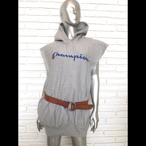 Champion Hooded Gray Sweatshirt Cut Off Sleeves L - Picture 3 of 8